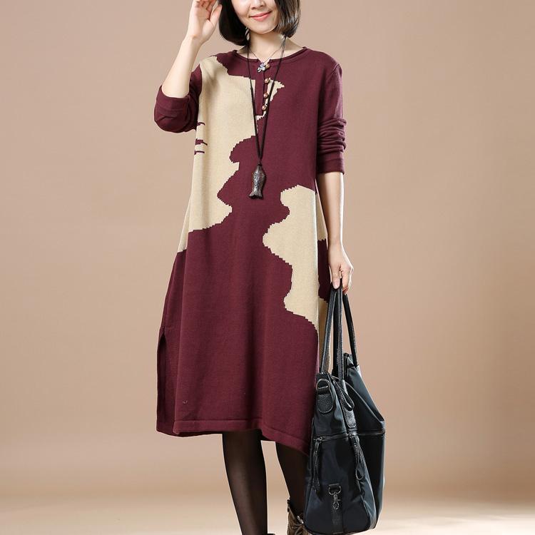 Burgundy woman sweaters winter knit dresses floral