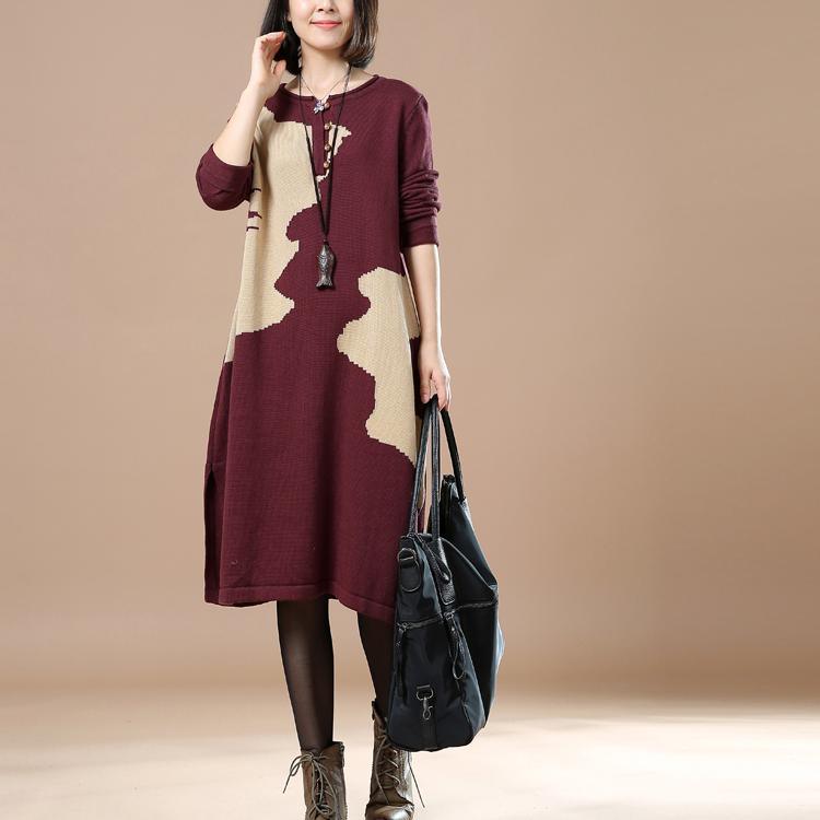 Burgundy woman sweaters winter knit dresses floral