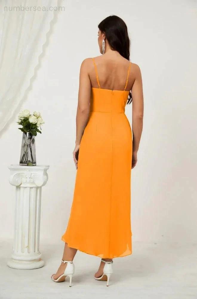 ZapDress Spaghetti Chiffon V Neck Bridesmaid Dress Mid-Length Slit Formal Prom Dress Homecoming Dress 2803 (ZD16952)