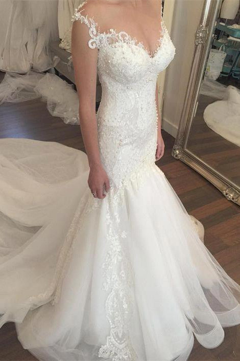 Button Mermaid mermaid Sweetheart Charming Tulle Zipper Lace Beadings Wedding Dress