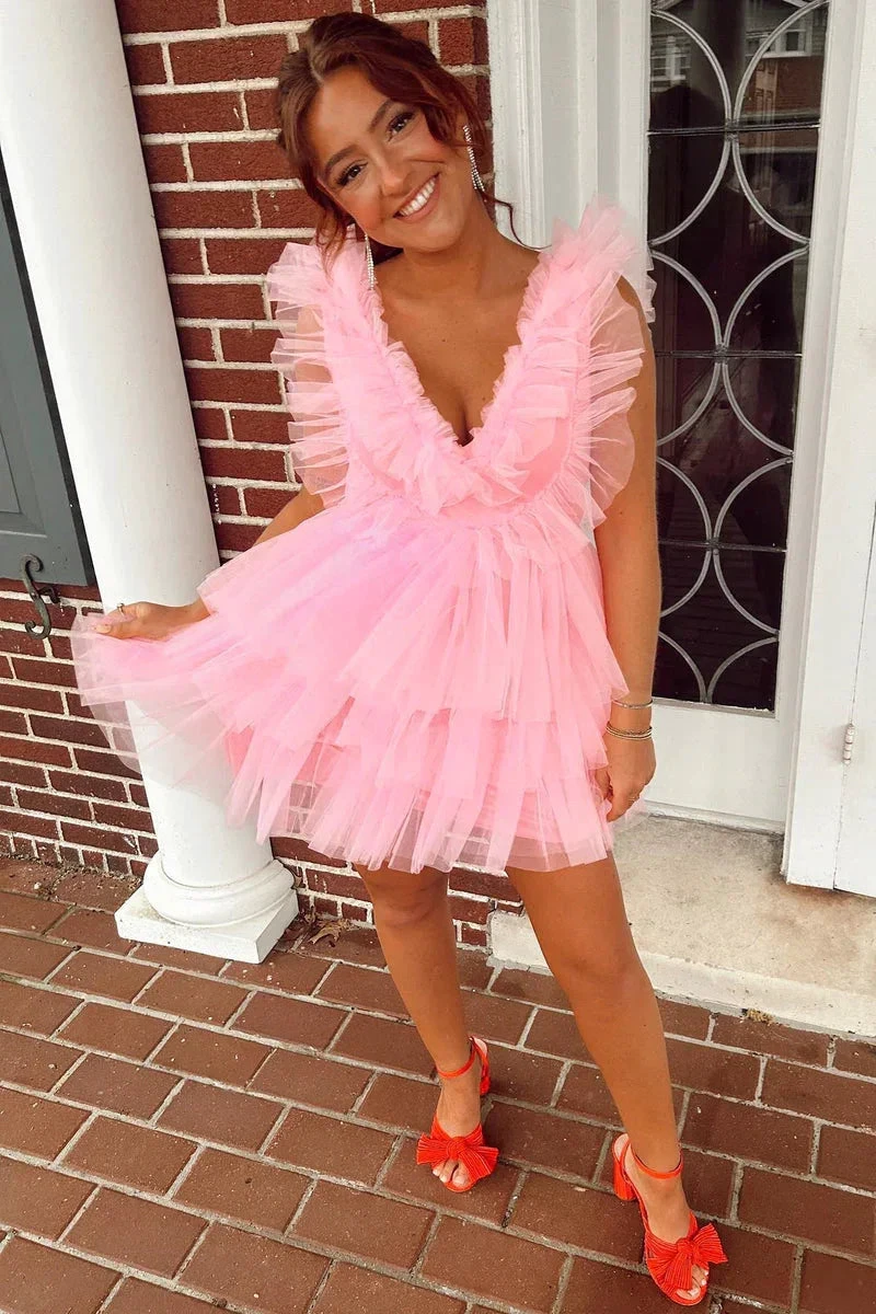 Cute Pink Ruffled Tiered Tulle Short Homecoming Dress (ZD12308) - VelvetHem