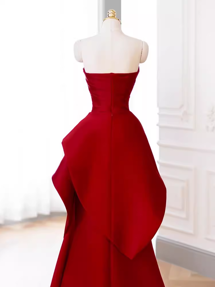 Modest Mermaid Strapless Red Satin Long Prom Dresses C10
