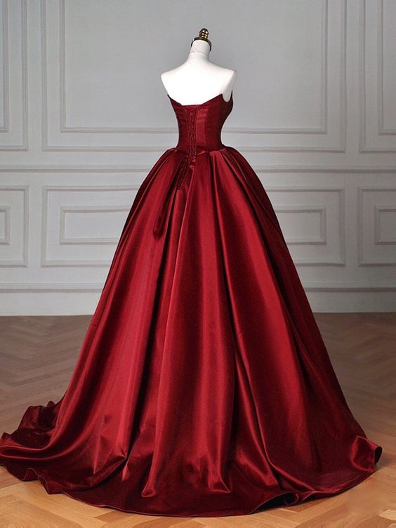 Vintage A line Strapless Burgundy Satin Long Evening Dress Prom Dresses - View 2 | VelvetHem