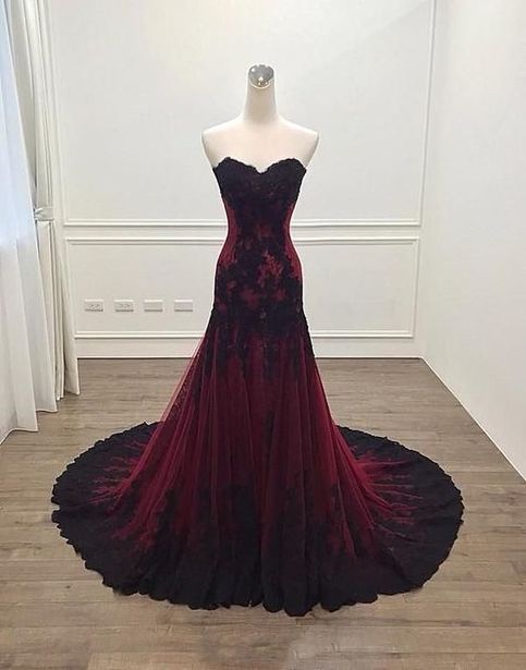 Vintage Mermaid Strapless Burgundy Lace Evening Dress Prom Dress