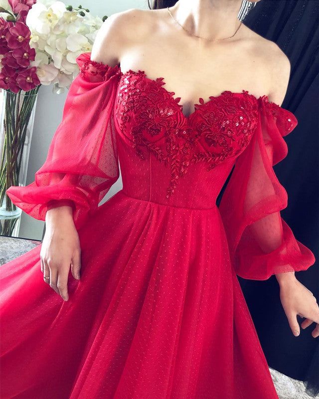 Cute A Line Long Sleeves Red Burgundy Tulle Ankle Length Prom Dress - View 3 | VelvetHem