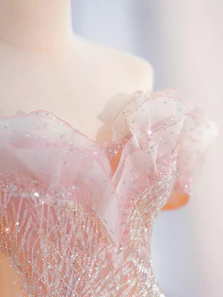 Fairytale A line Off The Shoulder Pink Sequin Long Evening Dress Prom Dress