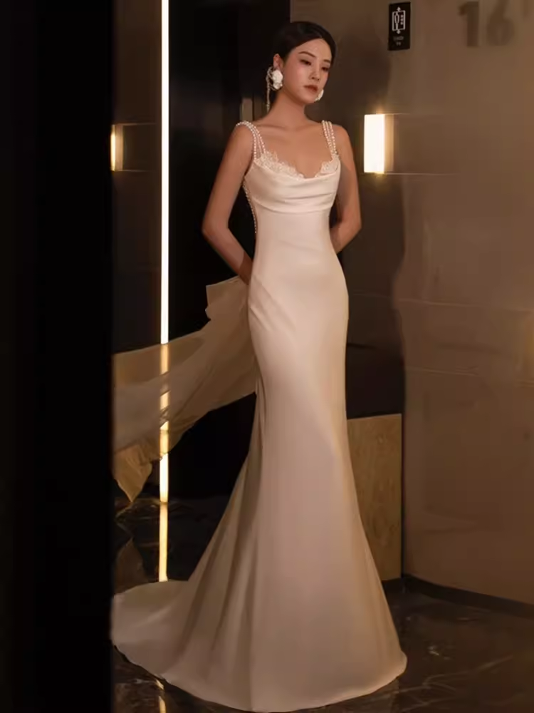 Chic Mermaid Straps Satin White Wedding Dress With Pearls - View 2 | VelvetHem