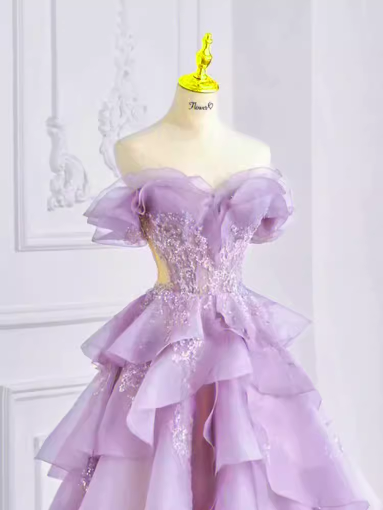 Fairy Ball Gown Off The Shoulder Lace Lilac Long Prom Dress - View 3 | VelvetHem