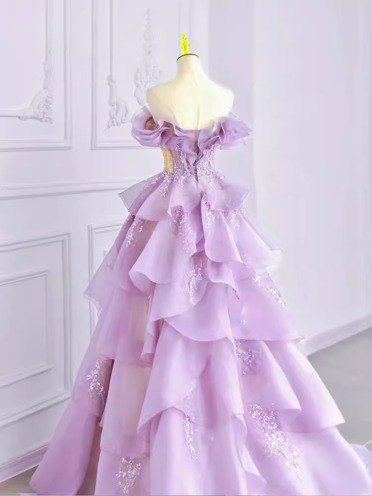 Fairy Ball Gown Off The Shoulder Lace Lilac Long Prom Dress - View 5 | VelvetHem