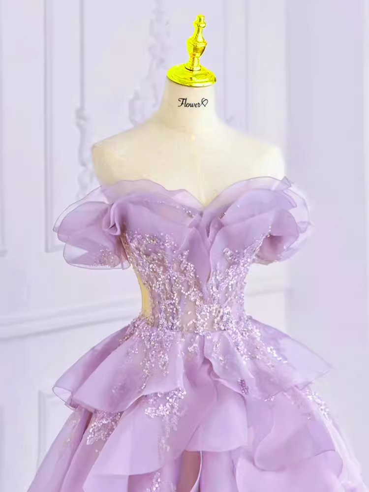 Fairy Ball Gown Off The Shoulder Lace Lilac Long Prom Dress - View 2 | VelvetHem