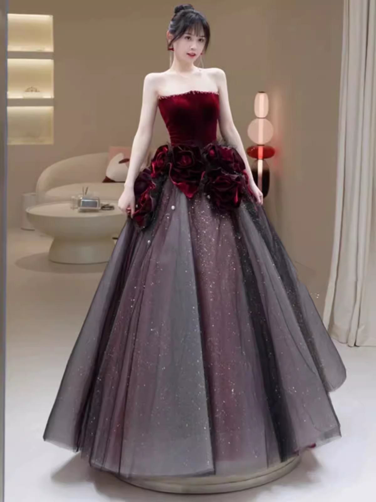 Sexy Ball Gown Strapless Velvet Burgundy Tulle Flowers Long Prom Dresses - View 3 | VelvetHem