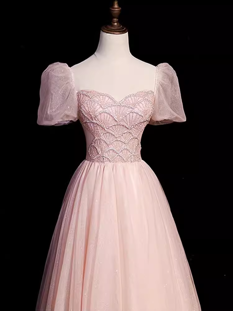 Pretty A Line Sweetheart Tulle Pink Beads Long Prom Dresses - View 3 | VelvetHem
