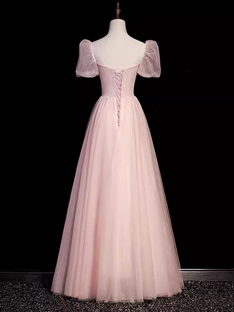 Pretty A Line Sweetheart Tulle Pink Beads Long Prom Dresses - View 2 | VelvetHem