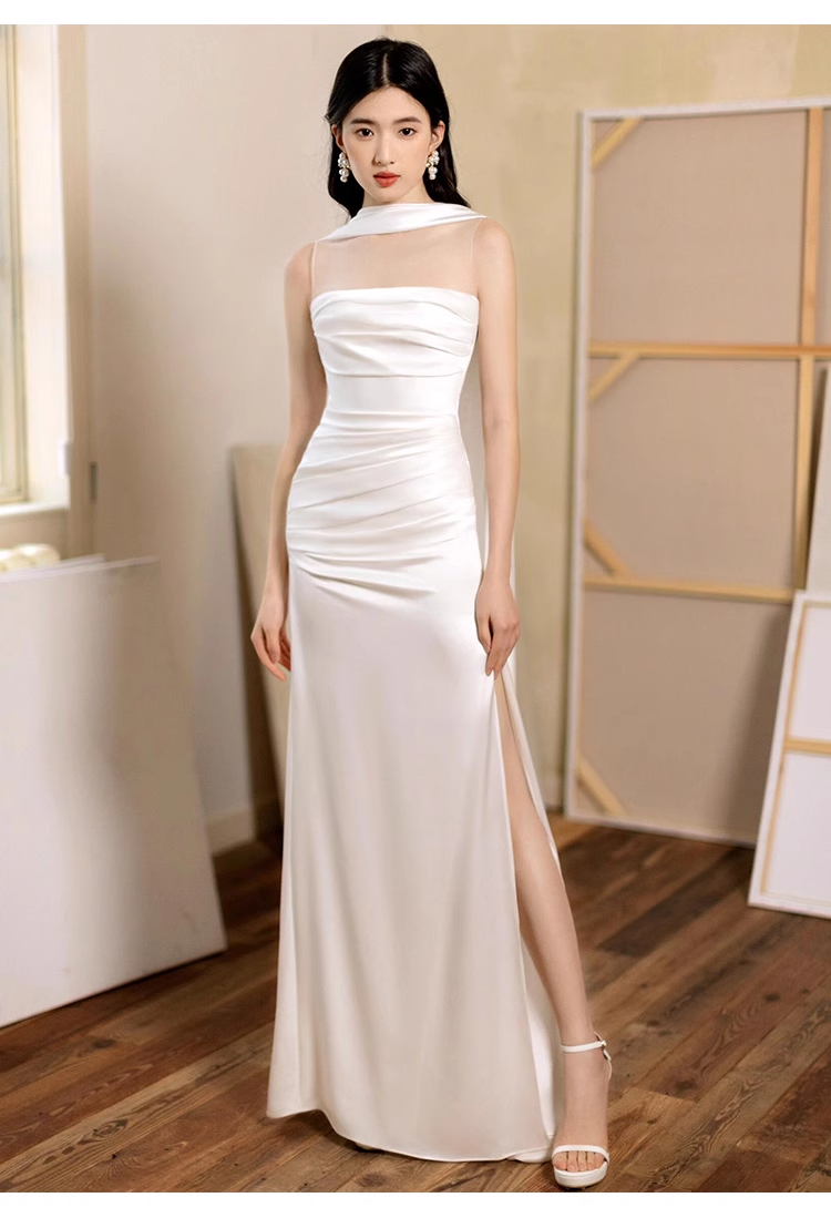Pretty Sheath Scoop Neckline Satin White Slit Long Prom Dresses With Ribbon