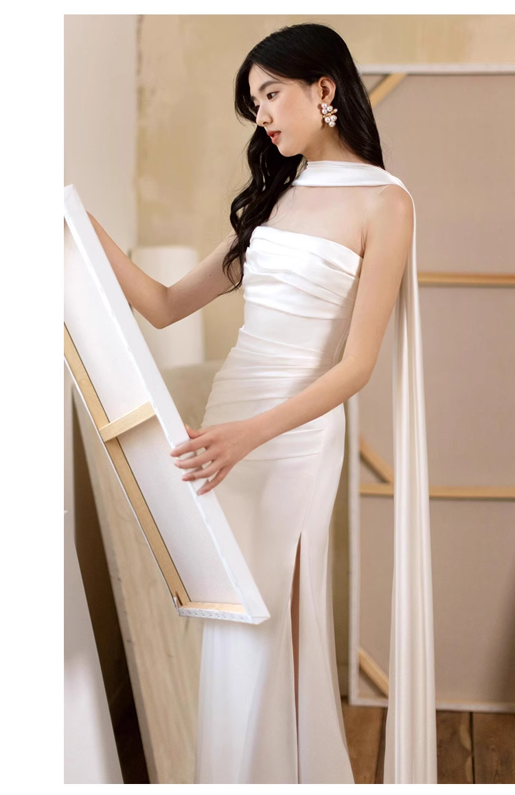 Pretty Sheath Scoop Neckline Satin White Slit Long Prom Dresses With Ribbon - View 2 | VelvetHem