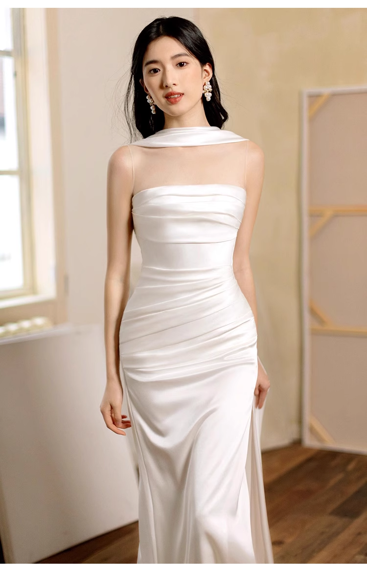 Pretty Sheath Scoop Neckline Satin White Slit Long Prom Dresses With Ribbon - View 3 | VelvetHem