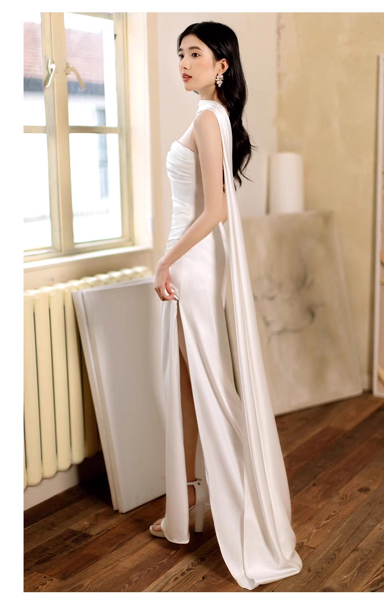 Pretty Sheath Scoop Neckline Satin White Slit Long Prom Dresses With Ribbon - View 6 | VelvetHem