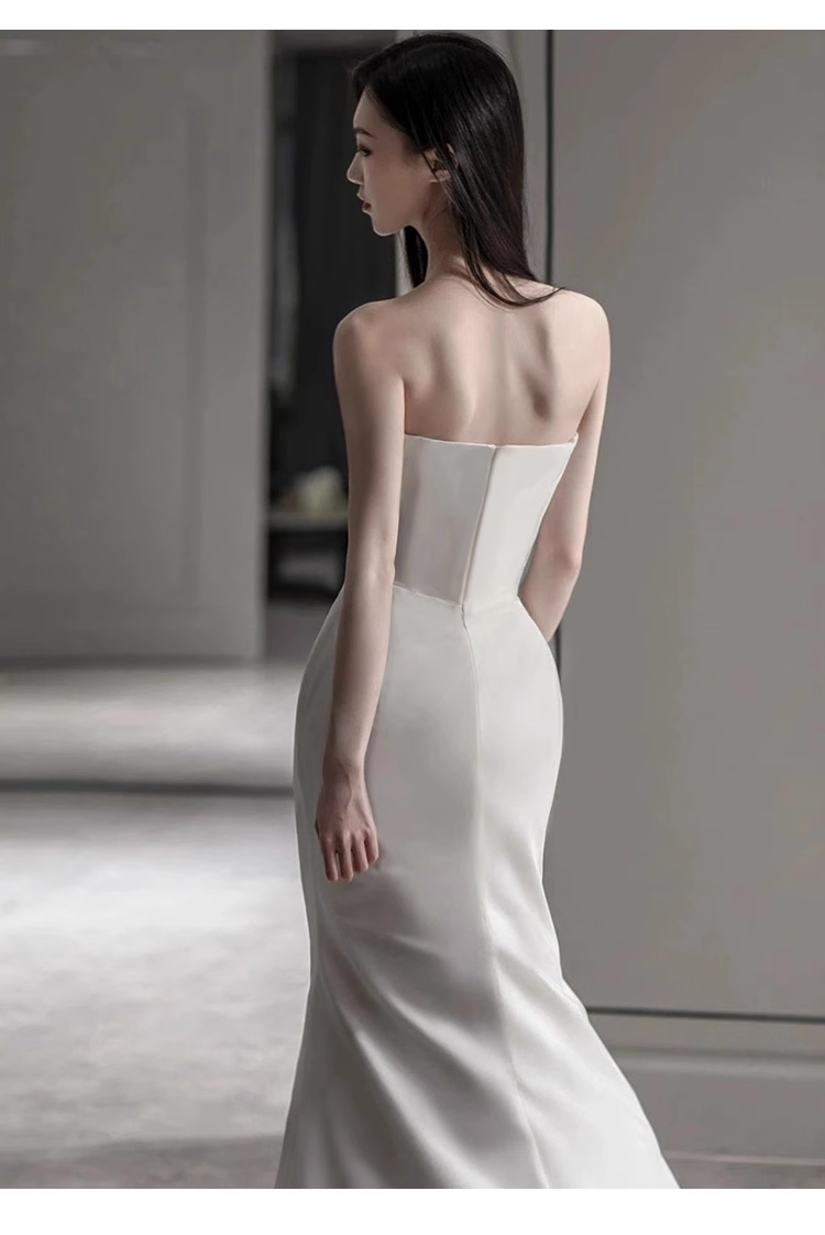 Chic A line Strapless Satin Long Wedding Dresses With Ruffles - View 5 | VelvetHem