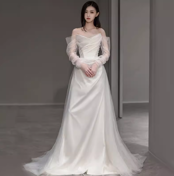 Chic A line Strapless Satin Long Wedding Dresses With Ruffles - View 2 | VelvetHem