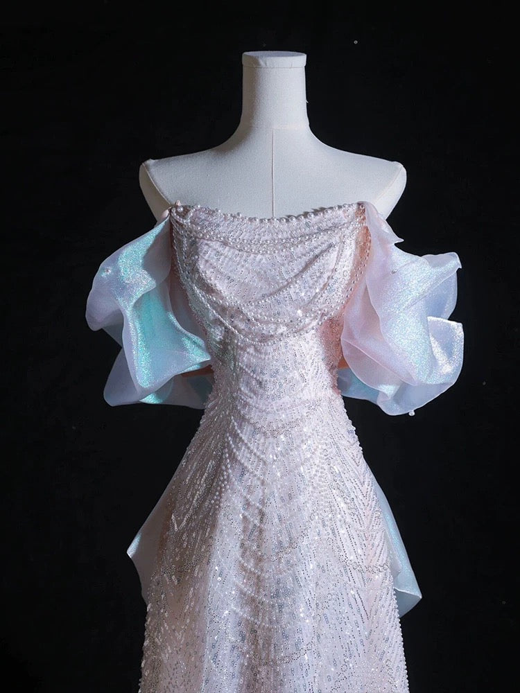 Pretty A line Off The Shoulder Pink Long Prom Dresses Sequin Birthday Outfits - View 5 | VelvetHem