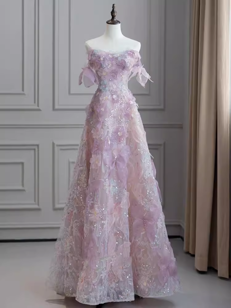 Cute A line Strapless Neckline Tulle Pink Flowers Wedding Dress - View 5 | VelvetHem
