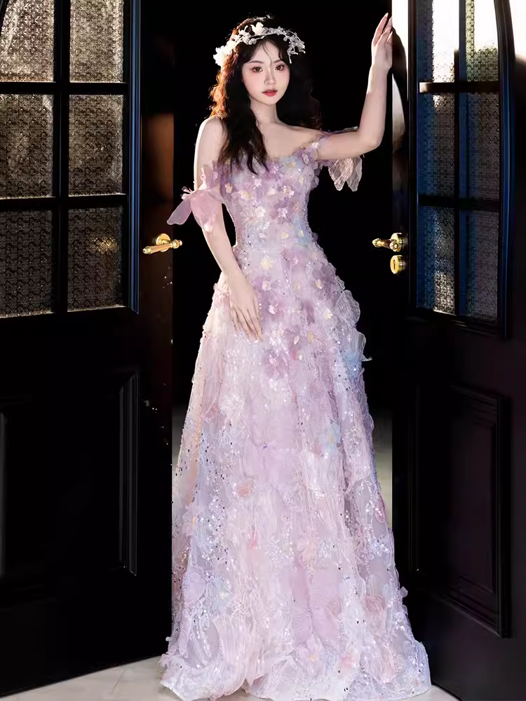 Cute A line Strapless Neckline Tulle Pink Flowers Wedding Dress - View 2 | VelvetHem