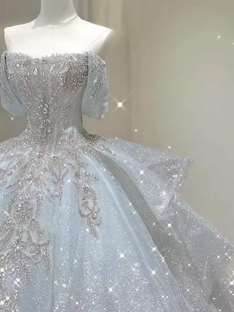 Luxury Ball Gown Off The Shoulder Short Sleeves Sequin Wedding Dress - View 5 | VelvetHem