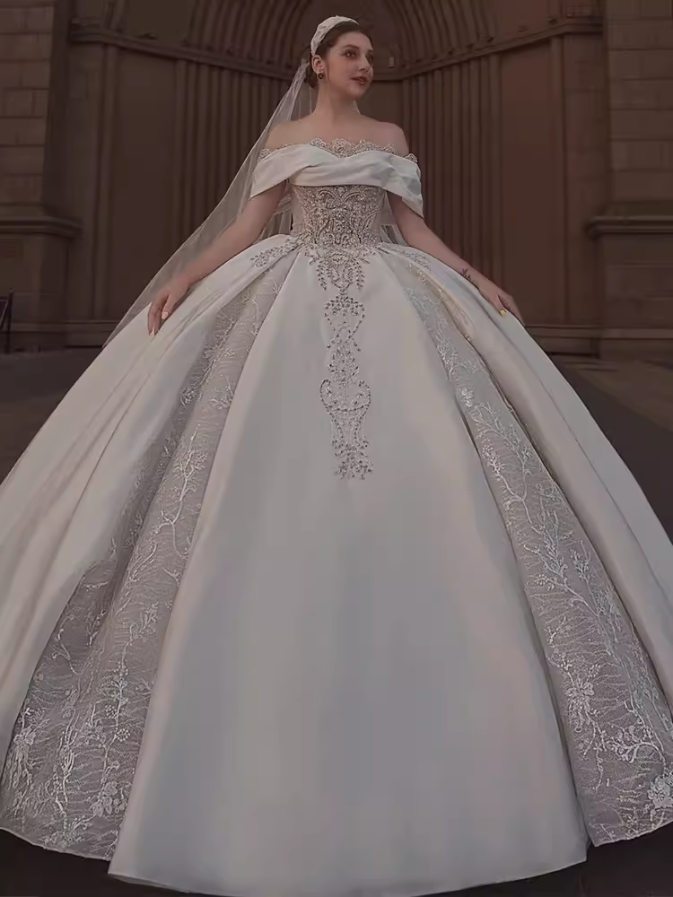 Luxury Ball Gown Off The Shoulder Short Sleeves Satin Wedding Dress - View 4 | VelvetHem