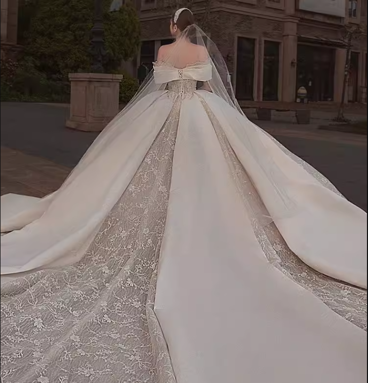 Luxury Ball Gown Off The Shoulder Short Sleeves Satin Wedding Dress - View 5 | VelvetHem