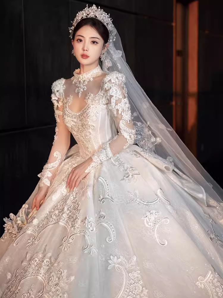 Luxury Ball Gown High Neckline Long Sleeves Lace White Wedding Dress