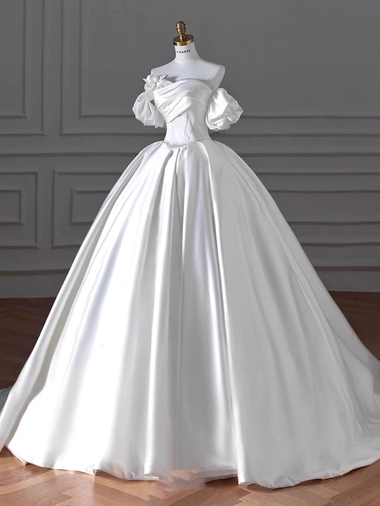 Timeless Ball Gown Sweetheart Long Puffy Sleeves Satin Wedding Dresses With Flowers - View 3 | VelvetHem