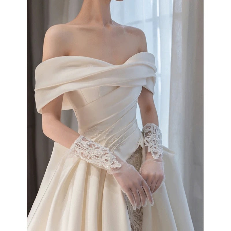 Timeless Ball Gown Off The Shoulder Satin Long White Wedding Dresses With Lace - View 2 | VelvetHem