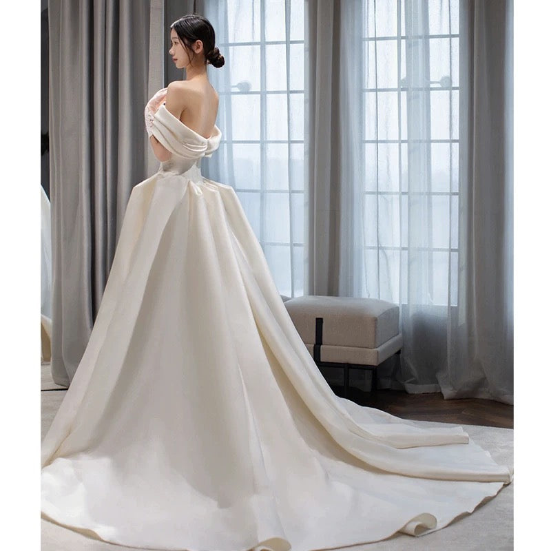 Timeless Ball Gown Off The Shoulder Satin Long White Wedding Dresses With Lace - View 3 | VelvetHem