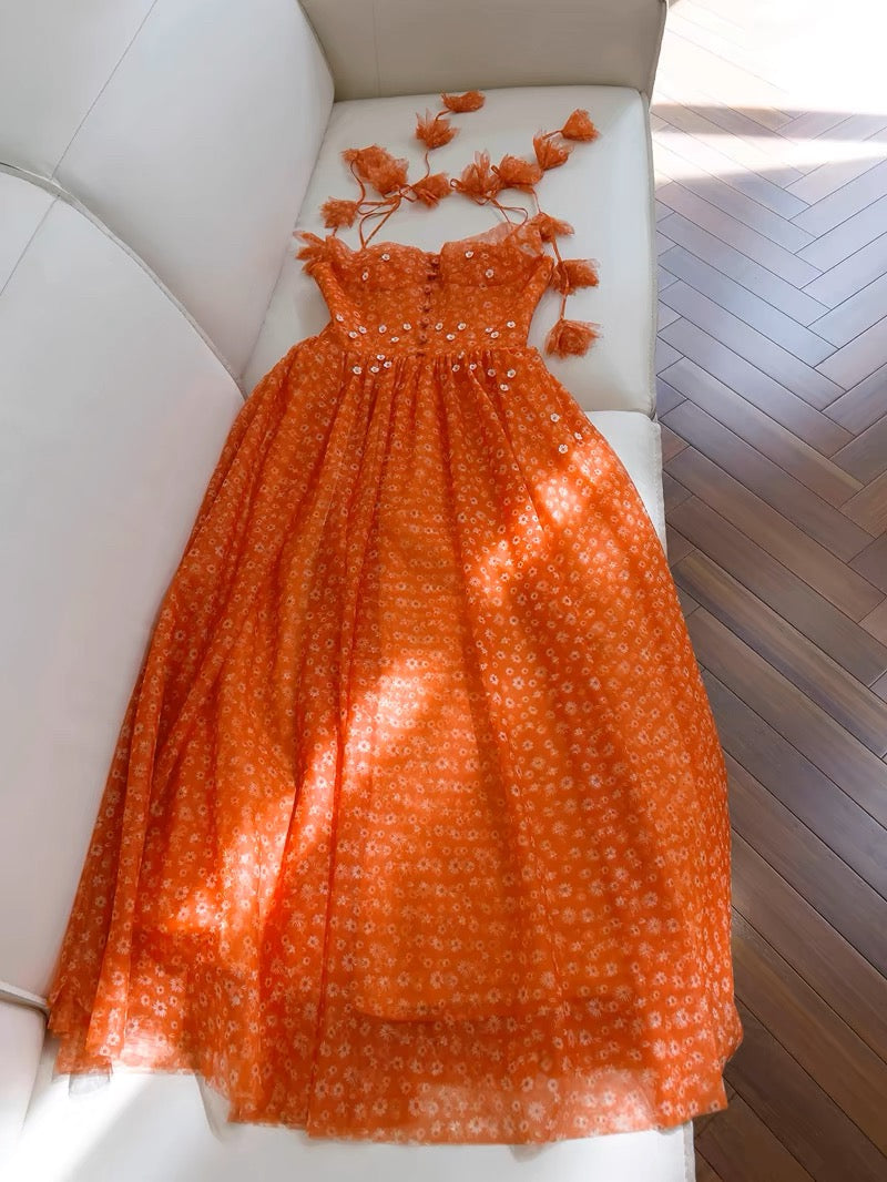 Chic A line SPaghetti Straps Prom Dress Organge Tulle Prom Dresses Evening Dress