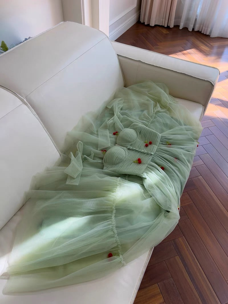 Cute A line Spaghetti Straps Mint Green Tulle Homecoming Dresses Simple Prom Dress With Cherry - View 2 | VelvetHem