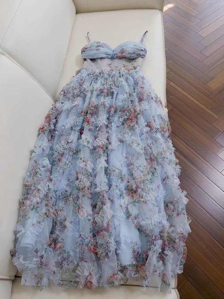 Chic A line SPaghetti Straps Prom Dresses Floral Blue Tulle Evening Dress - View 2 | VelvetHem