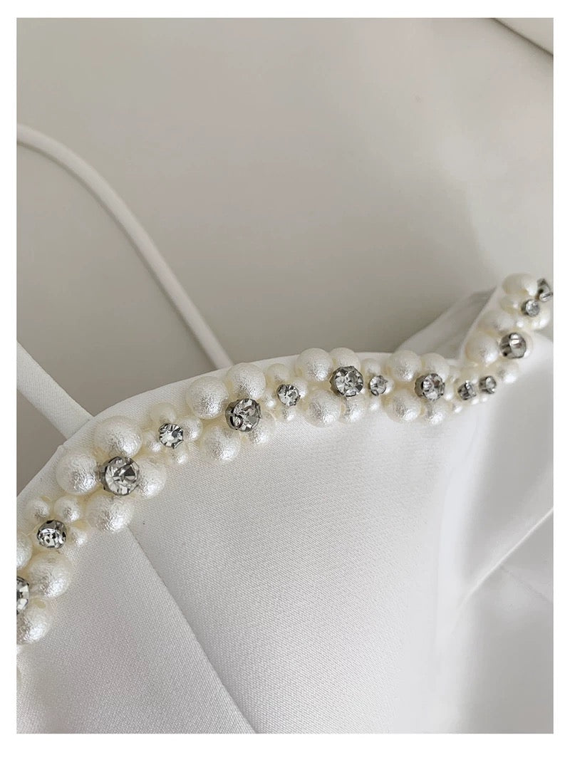 Cute A line Spagetti Straps White Short Pearls Homecoming Dress Birthday Dresses - View 3 | VelvetHem