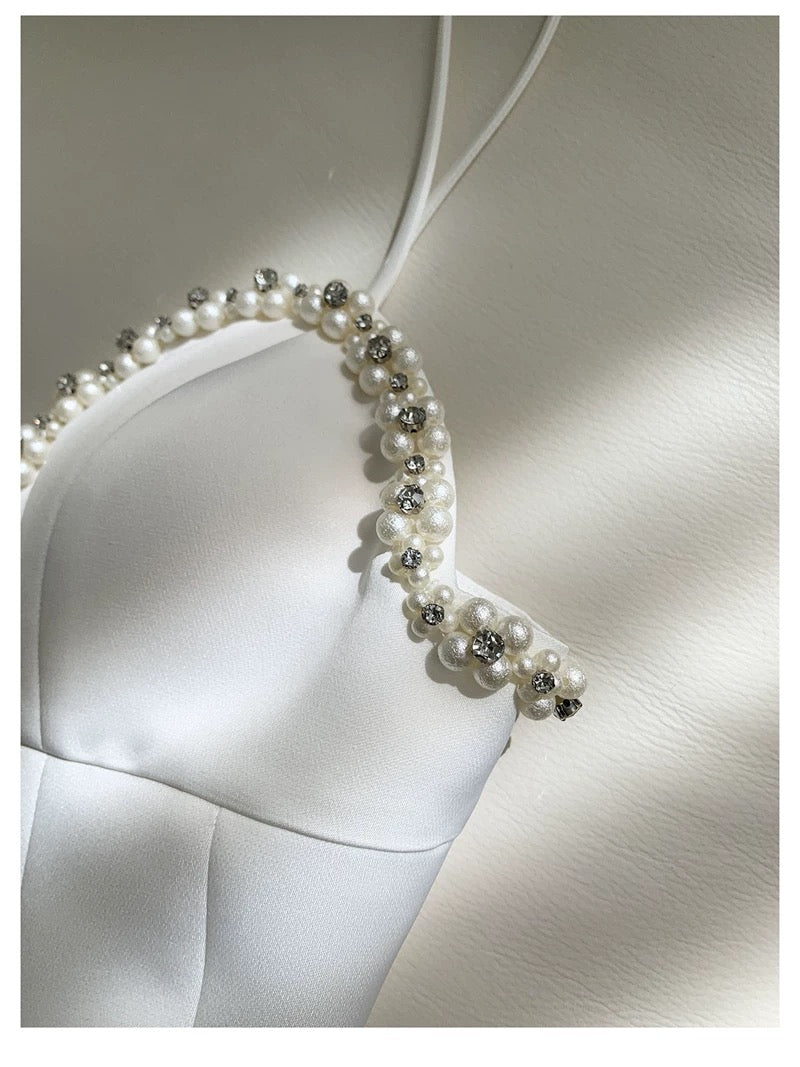 Cute A line Spagetti Straps White Short Pearls Homecoming Dress Birthday Dresses - View 4 | VelvetHem