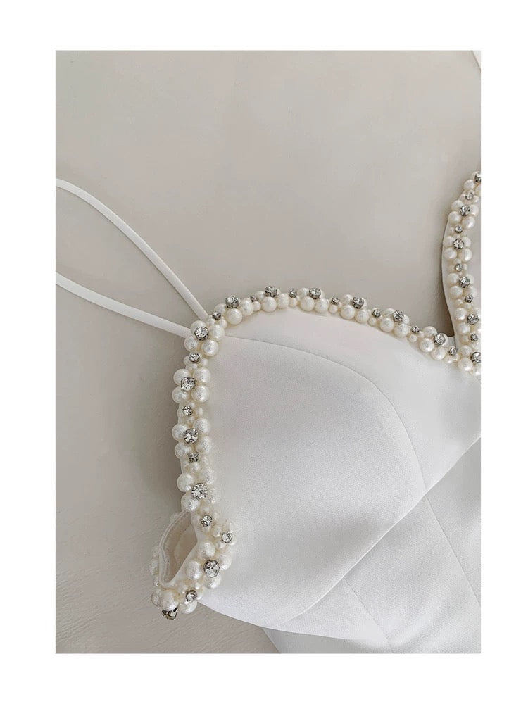 Cute A line Spagetti Straps White Short Pearls Homecoming Dress Birthday Dresses - View 2 | VelvetHem