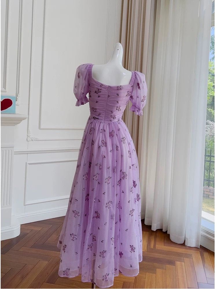 Vintage A line V Neckline Short Sleeves Lilac Tulle Flowers Prom Dress Evening Dresses - View 3 | VelvetHem