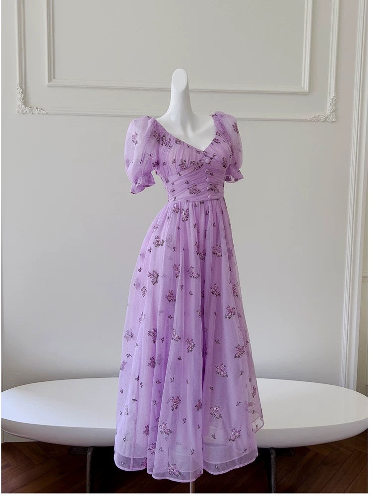 Vintage A line V Neckline Short Sleeves Lilac Tulle Flowers Prom Dress Evening Dresses - View 2 | VelvetHem