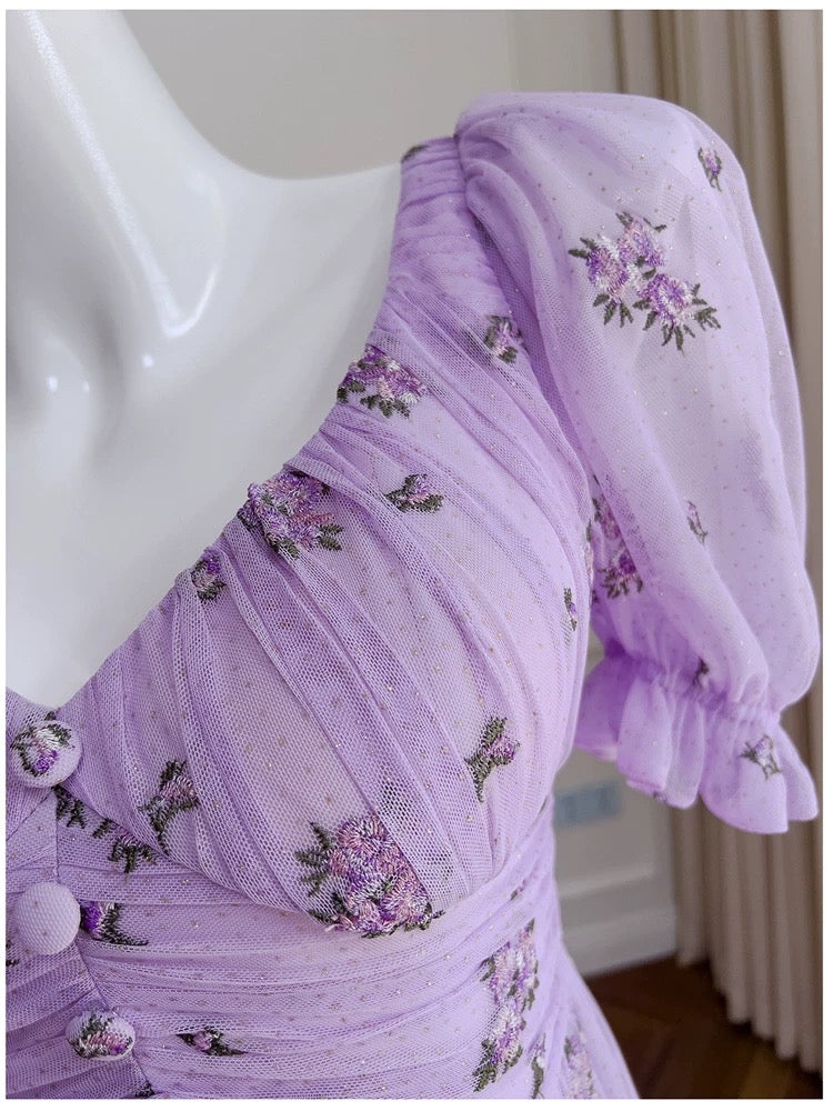Vintage A line V Neckline Short Sleeves Lilac Tulle Flowers Prom Dress Evening Dresses - View 5 | VelvetHem