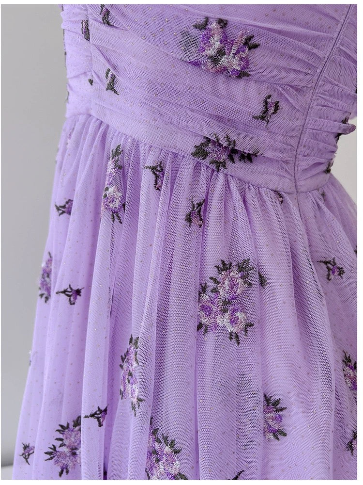 Vintage A line V Neckline Short Sleeves Lilac Tulle Flowers Prom Dress Evening Dresses - View 4 | VelvetHem