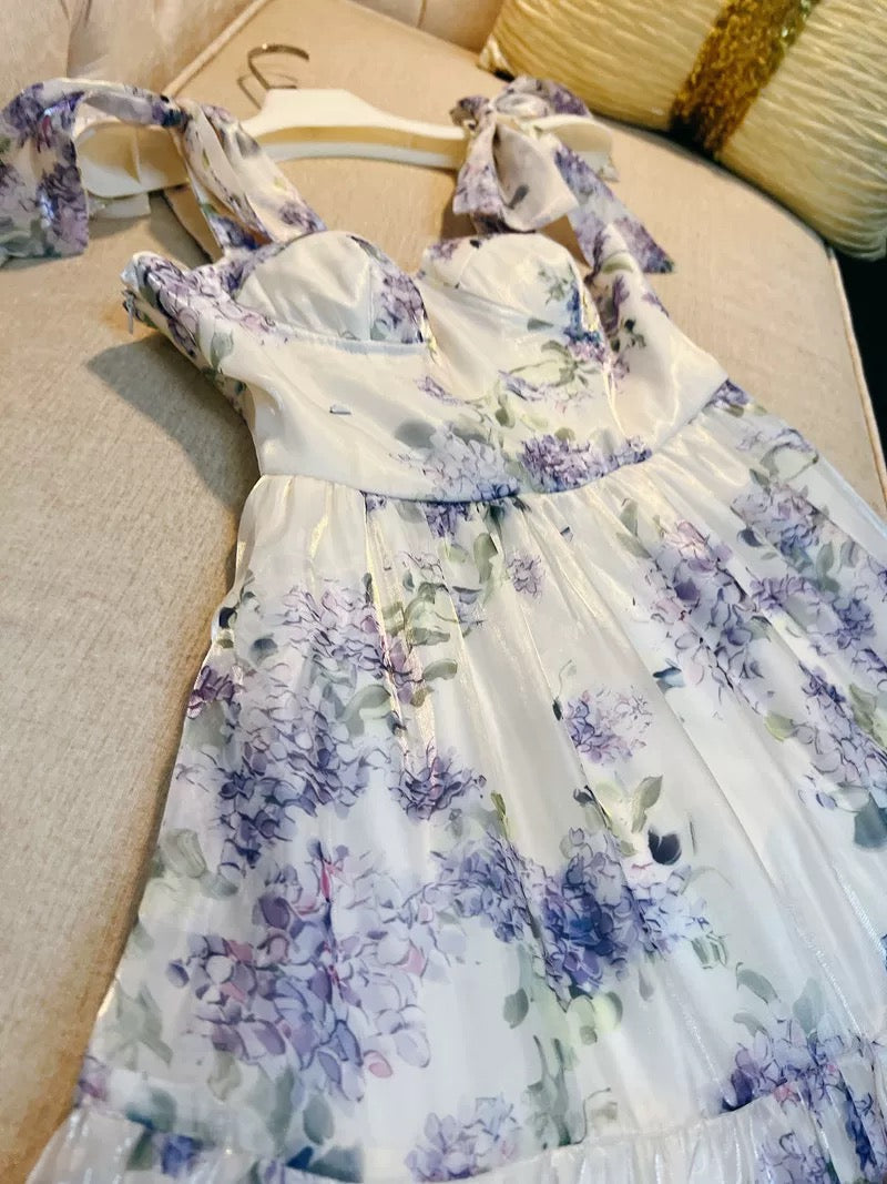 Sexy A Line Straps Sleeveless Floral Lilac Long Prom Dresses
