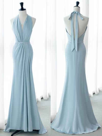 French Romantic Halter Neck Satin Mermaid Elegant Bridesmaid Dress