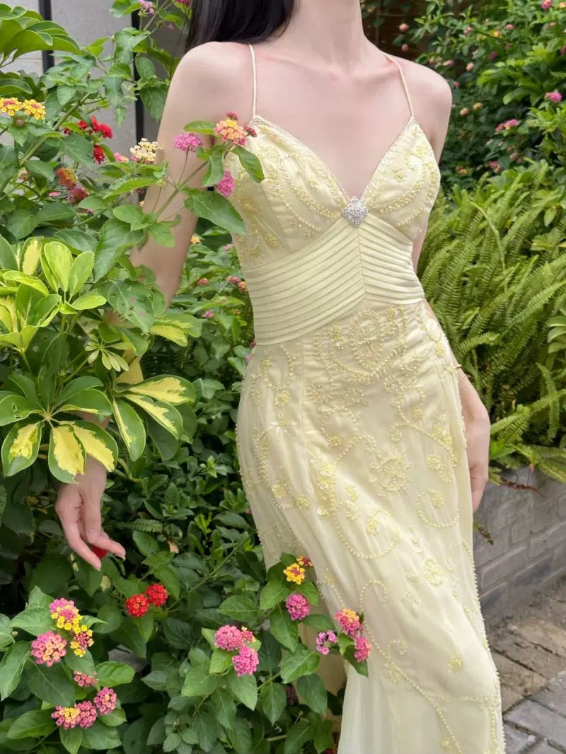 Elegant Mermaid Spaghetti Straps Yellow Chiffon Long Prom Dresses Evening Dress With Beads
