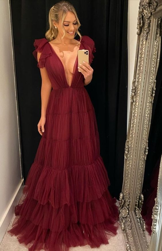 Burgundy Deep V-Neck Tulle A Line Prom Dresses - View 2 | VelvetHem