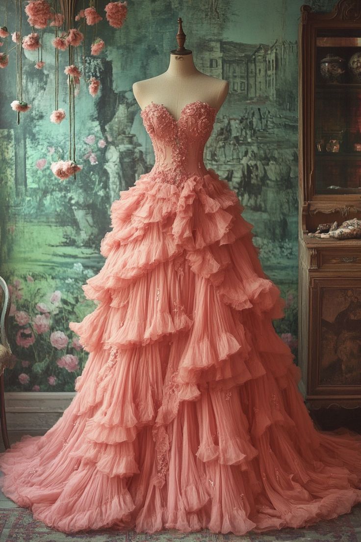 Vintage Ball Gown Sweetheart Ruffles Lace Pink Long Prom Dress Evening Dresses