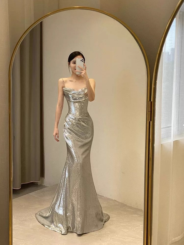 Sexy Mermaid Spaghetti Straps Silver Sequin Long Prom Dress Evening Dresses