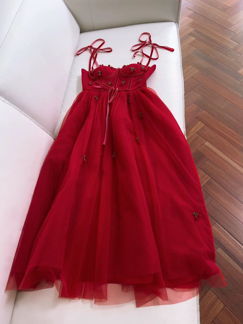 Elegant A line Spaghetti Straps Red Slim Fit Tulle Prom Dress Evening Dresses - View 3 | VelvetHem